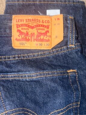 Levi's 501 Straight Jeans in Dark Blue Denim with Tan Patch